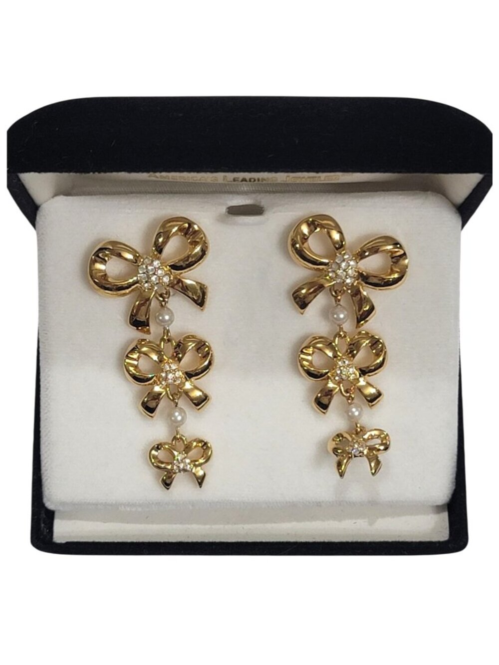 Vintage Gold Tone Bow Drop Earrings With Faux Pearls & Rhinestones